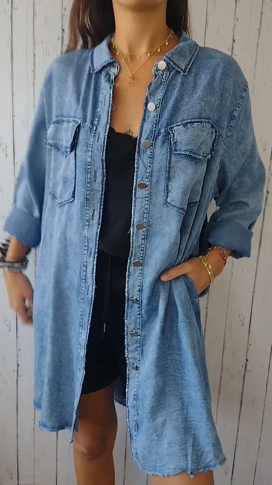Comfort Long Faux-Denim Shirt – Macy – Blue