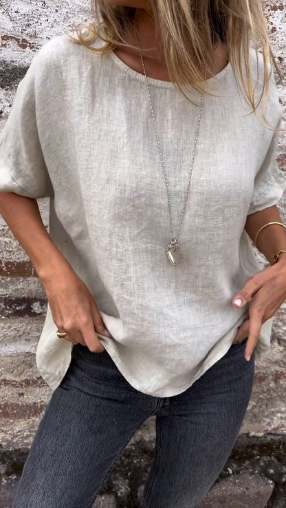 Solid Cotton-Linen Short-Sleeve Crewneck Blouse – Shiloh – view 6