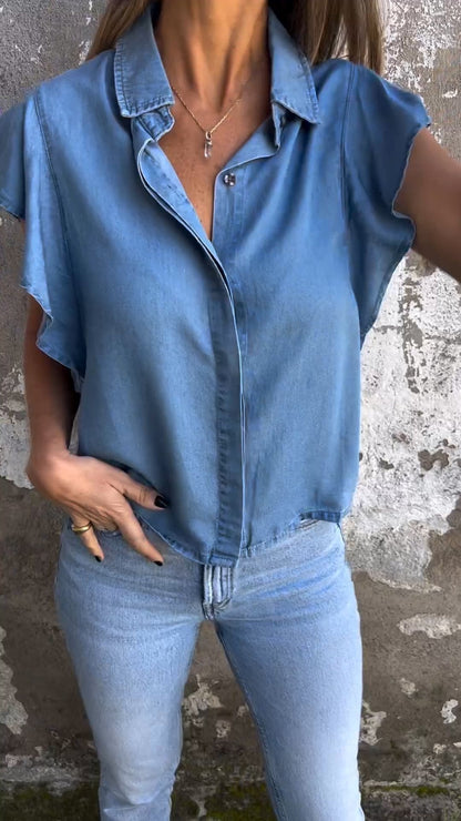 Women's Blue Lapel Shirt with Gathered Sleeves – Lucille