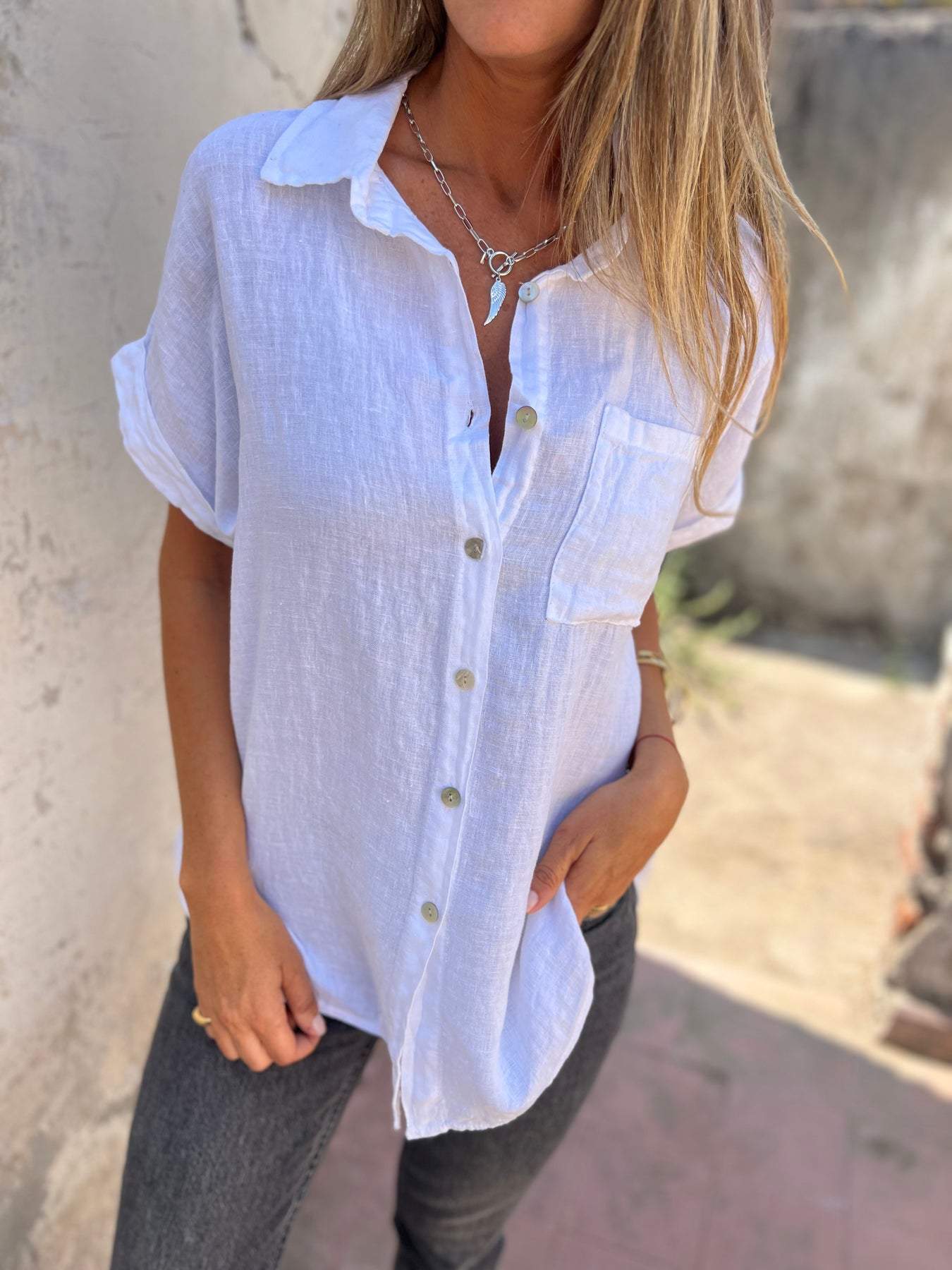 Casual Cotton-Linen Lapel Shirt – Nyla – White