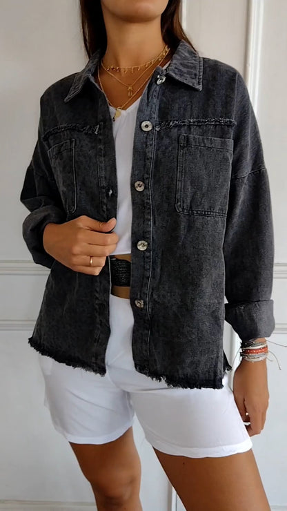 Denim Lapel Shirt with Fringe – Esther – Black