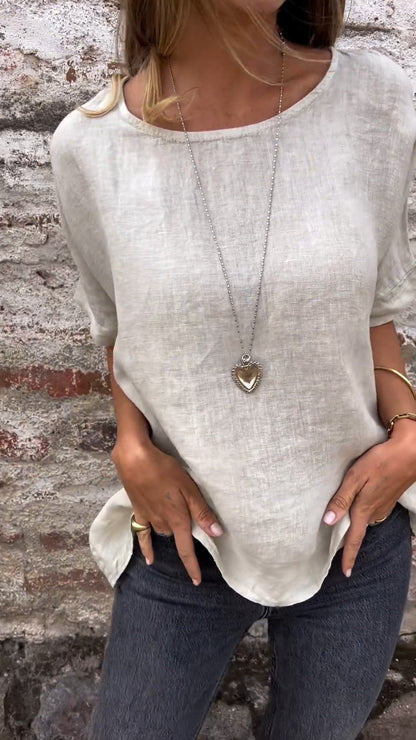 Solid Cotton-Linen Short-Sleeve Crewneck Blouse – Shiloh – view 7