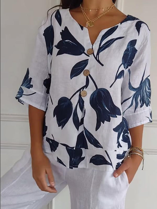 Women's Casual Printed Cotton-Linen Shirt – Kestrel – White