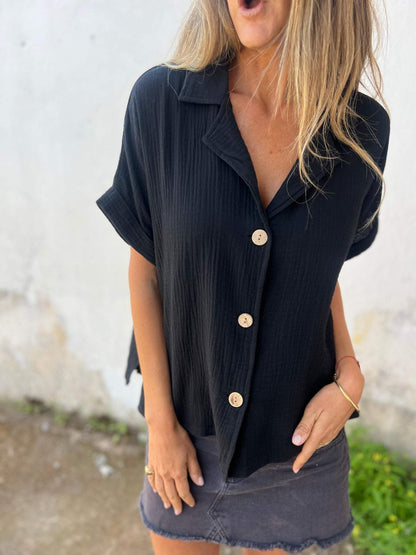 Casual Cotton-Linen Short-Sleeve Blouse with Lapel and Buttons – Maren – view 3