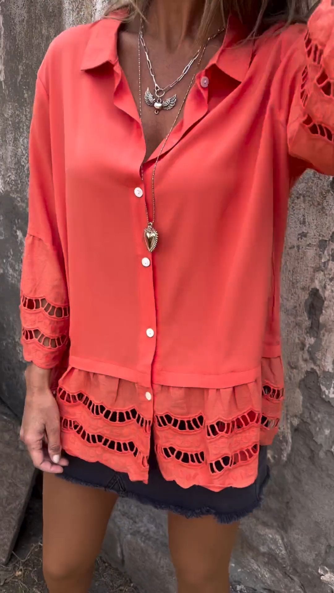 Openwork Patchwork Shirt with 3/4 Sleeves – Gemma – view 3