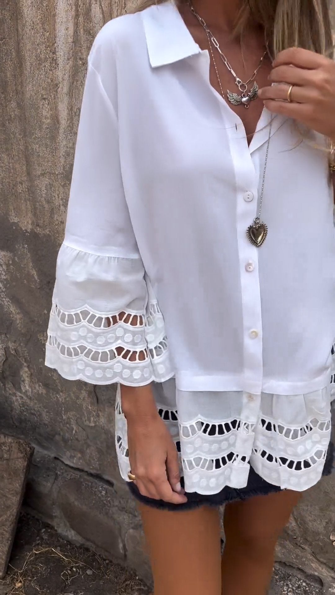 Openwork Patchwork Shirt with 3/4 Sleeves – Gemma