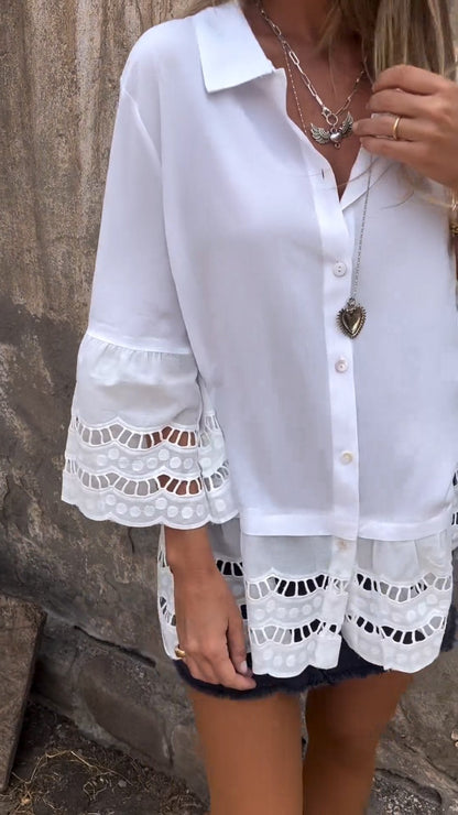 Openwork Patchwork Shirt with 3/4 Sleeves – Gemma