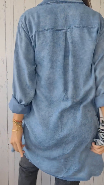 Comfort Long Faux-Denim Shirt – Macy – view 2