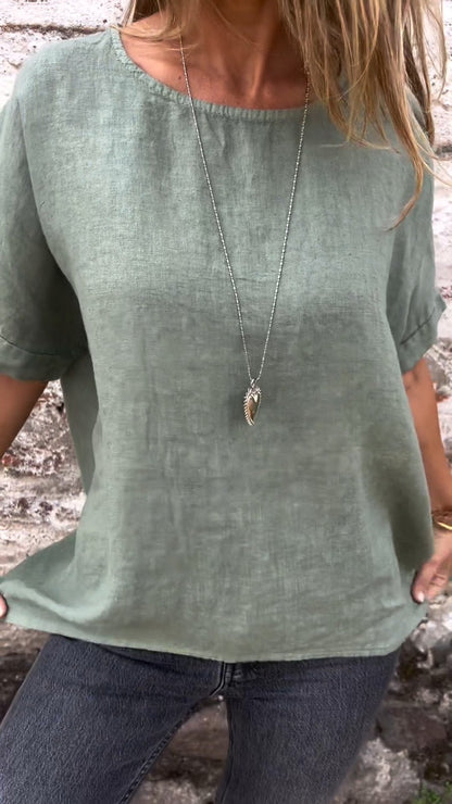 Solid Cotton-Linen Short-Sleeve Crewneck Blouse – Shiloh – view 4