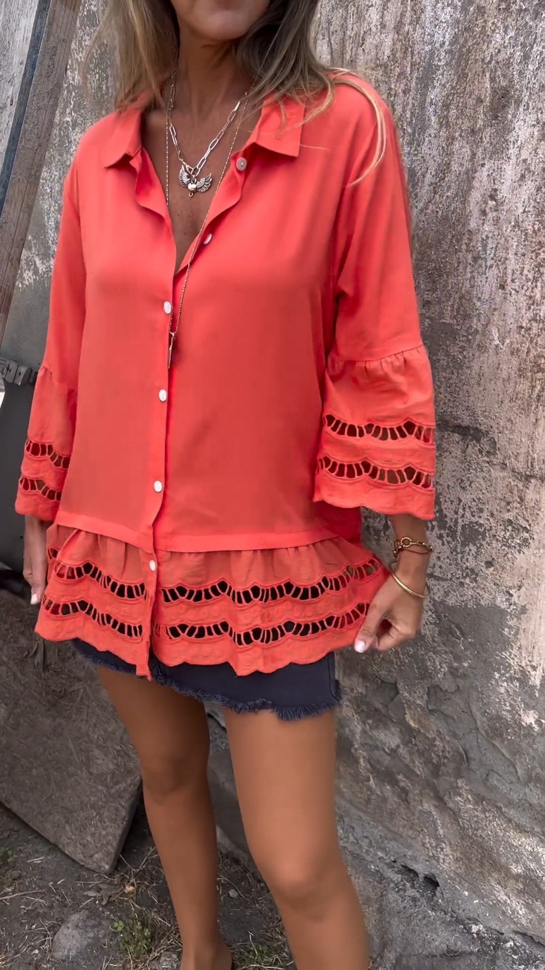 Openwork Patchwork Shirt with 3/4 Sleeves – Gemma – Orange