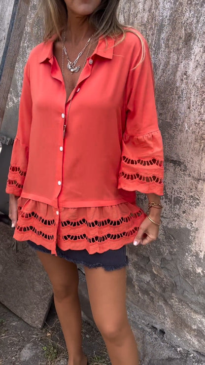 Openwork Patchwork Shirt with 3/4 Sleeves – Gemma – Orange
