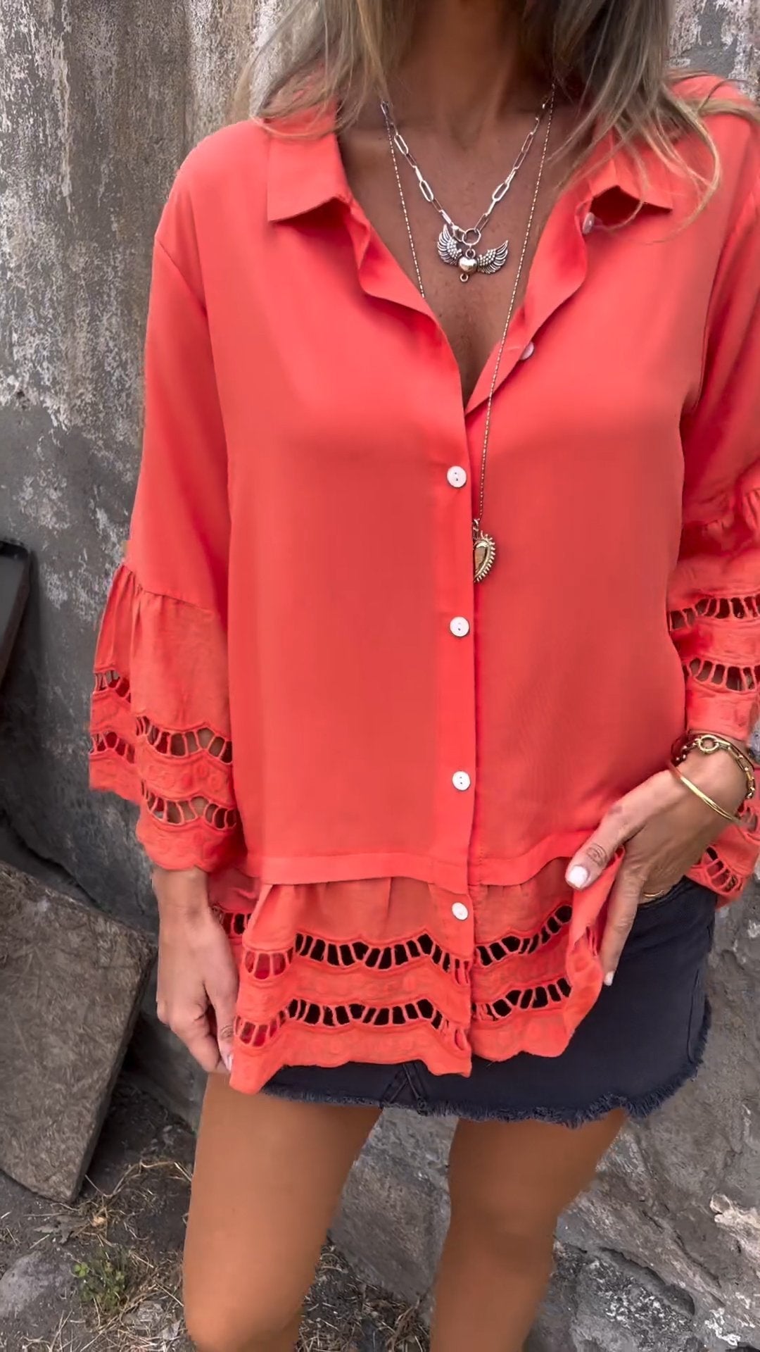Openwork Patchwork Shirt with 3/4 Sleeves – Gemma – view 4