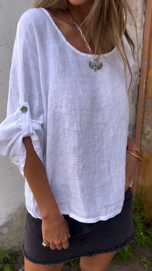 Cotton-Linen Crewneck Shirt with 3/4 Sleeves – Marnie