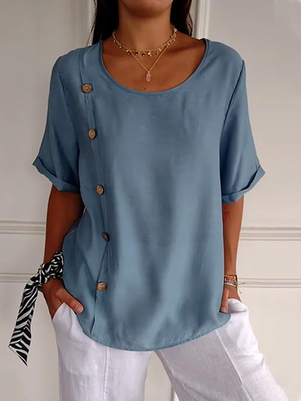Women's Casual Cotton-Linen Button-Detail Shirt – Josephine – Blue