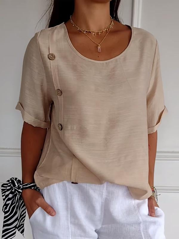 Women's Casual Cotton-Linen Button-Detail Shirt – Josephine – Khaki