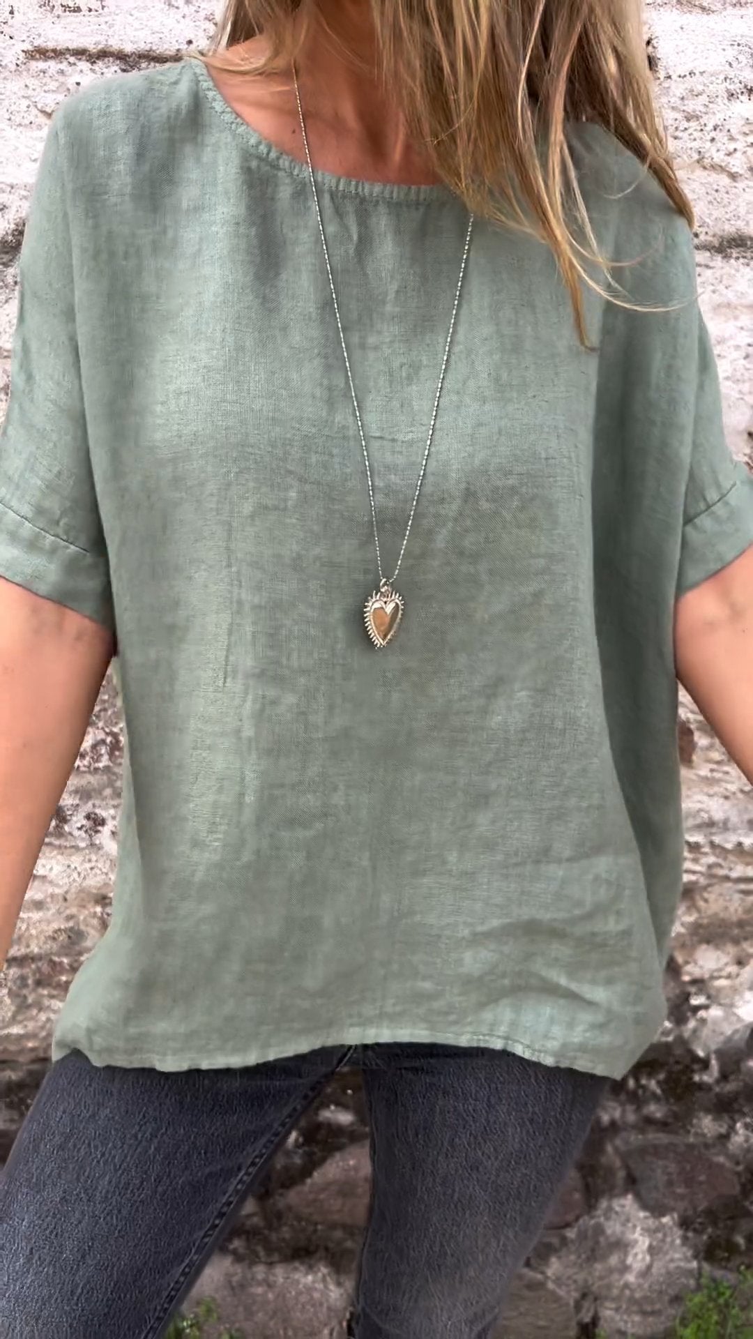 Solid Cotton-Linen Short-Sleeve Crewneck Blouse – Shiloh – Turquoise