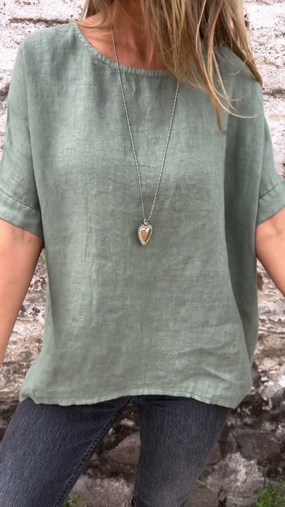 Solid Cotton-Linen Short-Sleeve Crewneck Blouse – Shiloh – Turquoise