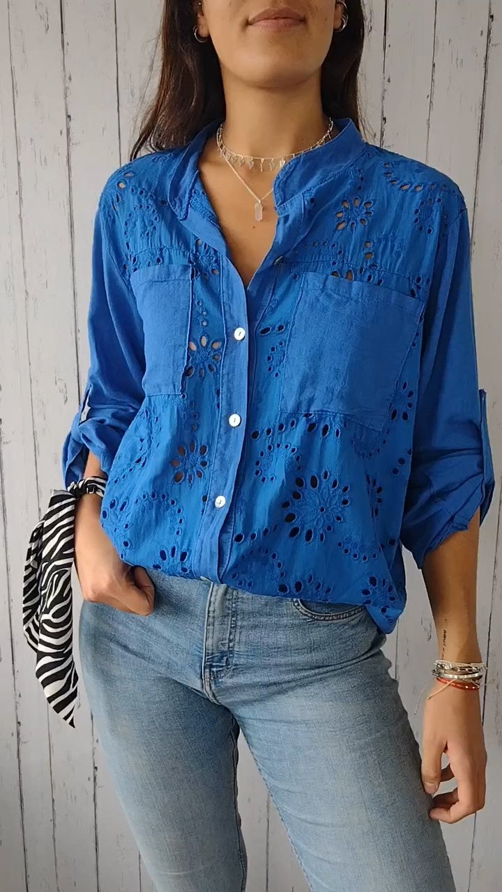 Solid Openwork Cotton-Linen Shirt – Marlow – Blue