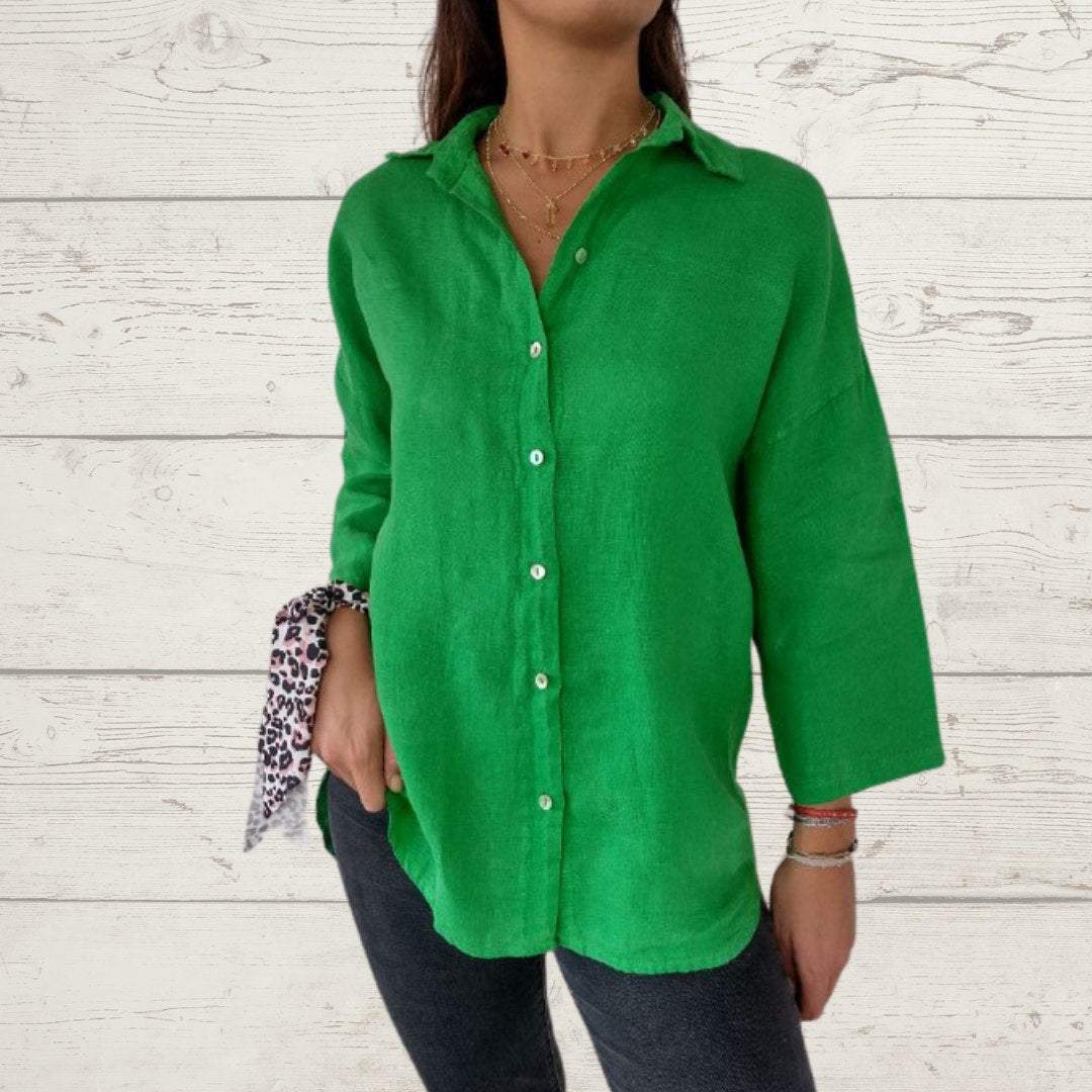 Women's Solid Cotton-Linen Button Shirt – Dove – Green
