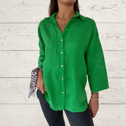 Women's Solid Cotton-Linen Button Shirt – Dove – Green