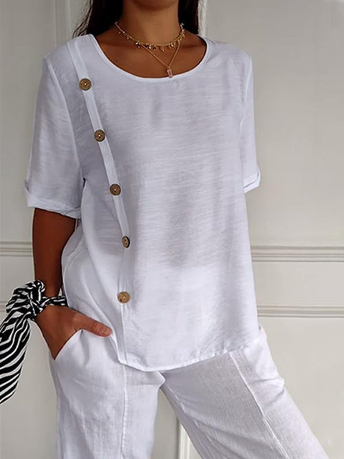 Women's Casual Cotton-Linen Button-Detail Shirt – Josephine – White