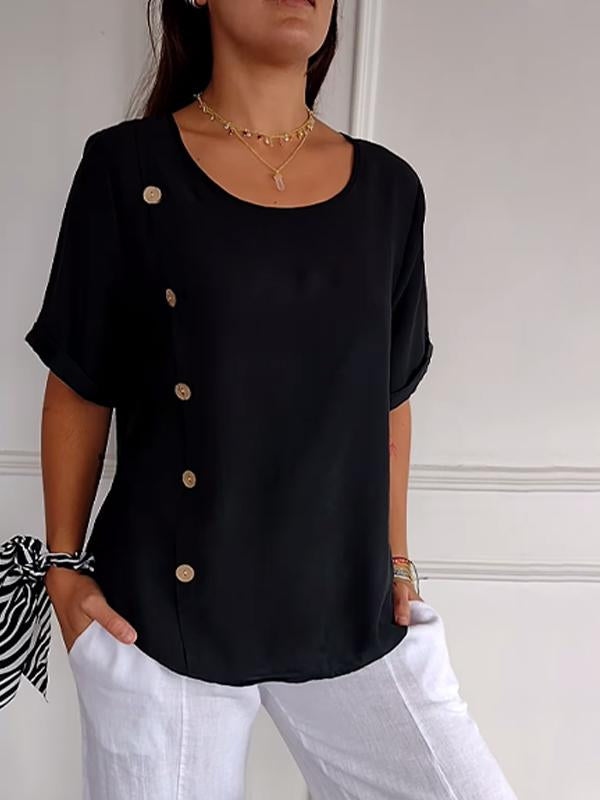 Women's Casual Cotton-Linen Button-Detail Shirt – Josephine – Black