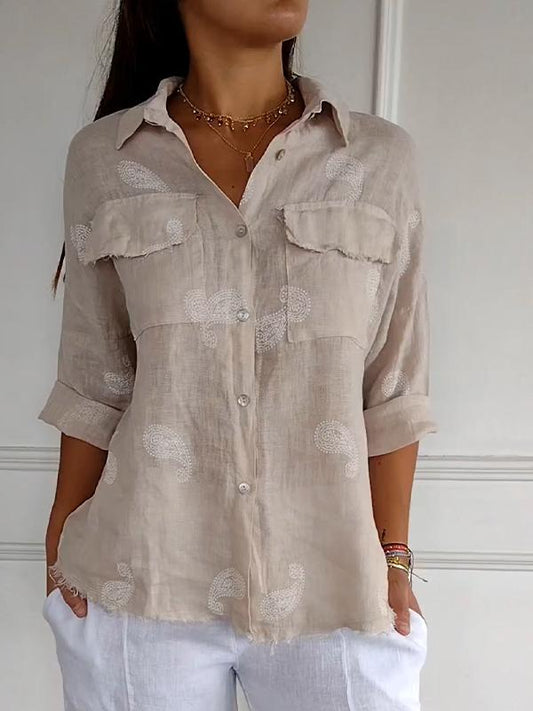 Cotton-Linen Lapel Shirt with 3/4 Sleeves – Jordan – Apricot