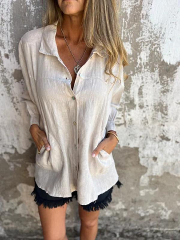 Solid Cotton-Linen Lapel Shirt – Amelia – White