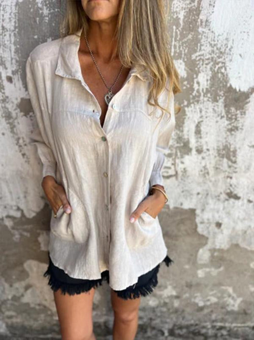 Solid Cotton-Linen Lapel Shirt – Amelia – White