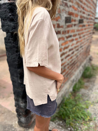 Cotton-Linen V-Neck Button Shirt – Imogen – view 3