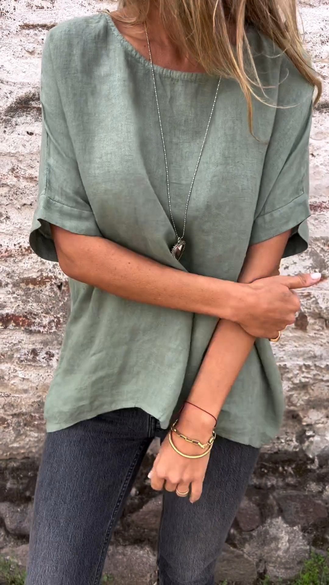Solid Cotton-Linen Short-Sleeve Crewneck Blouse – Shiloh – view 5