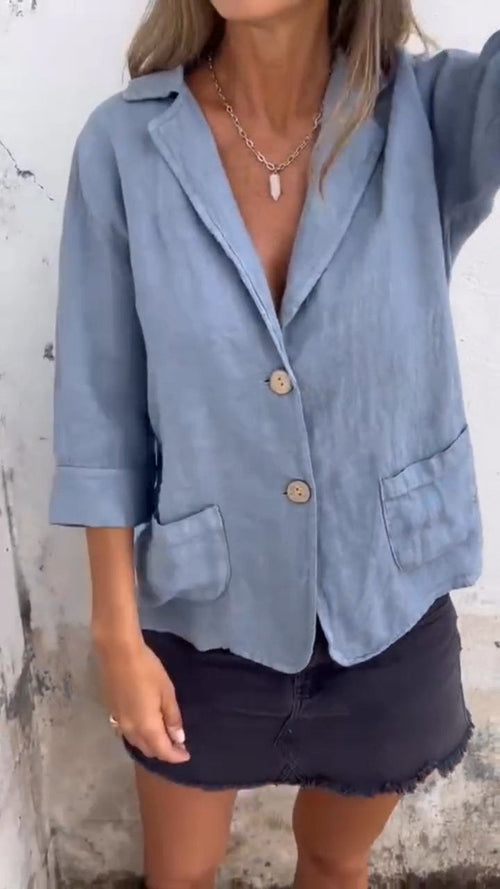 Cotton-Linen Blouse with Pocket and Button-Down Collar – Kerry – Blue