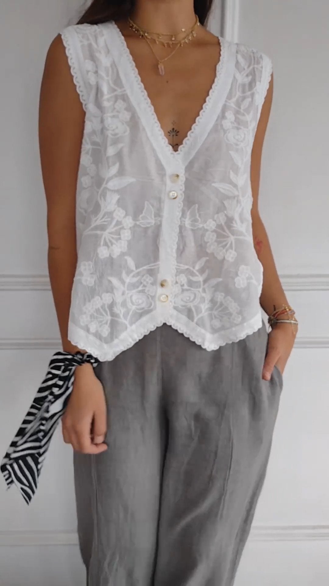 Embroidered Tulle V-Neck Tank with Buttons – Talitha