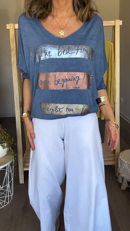 Printed Long V-Neck Tee – Belen – view 2