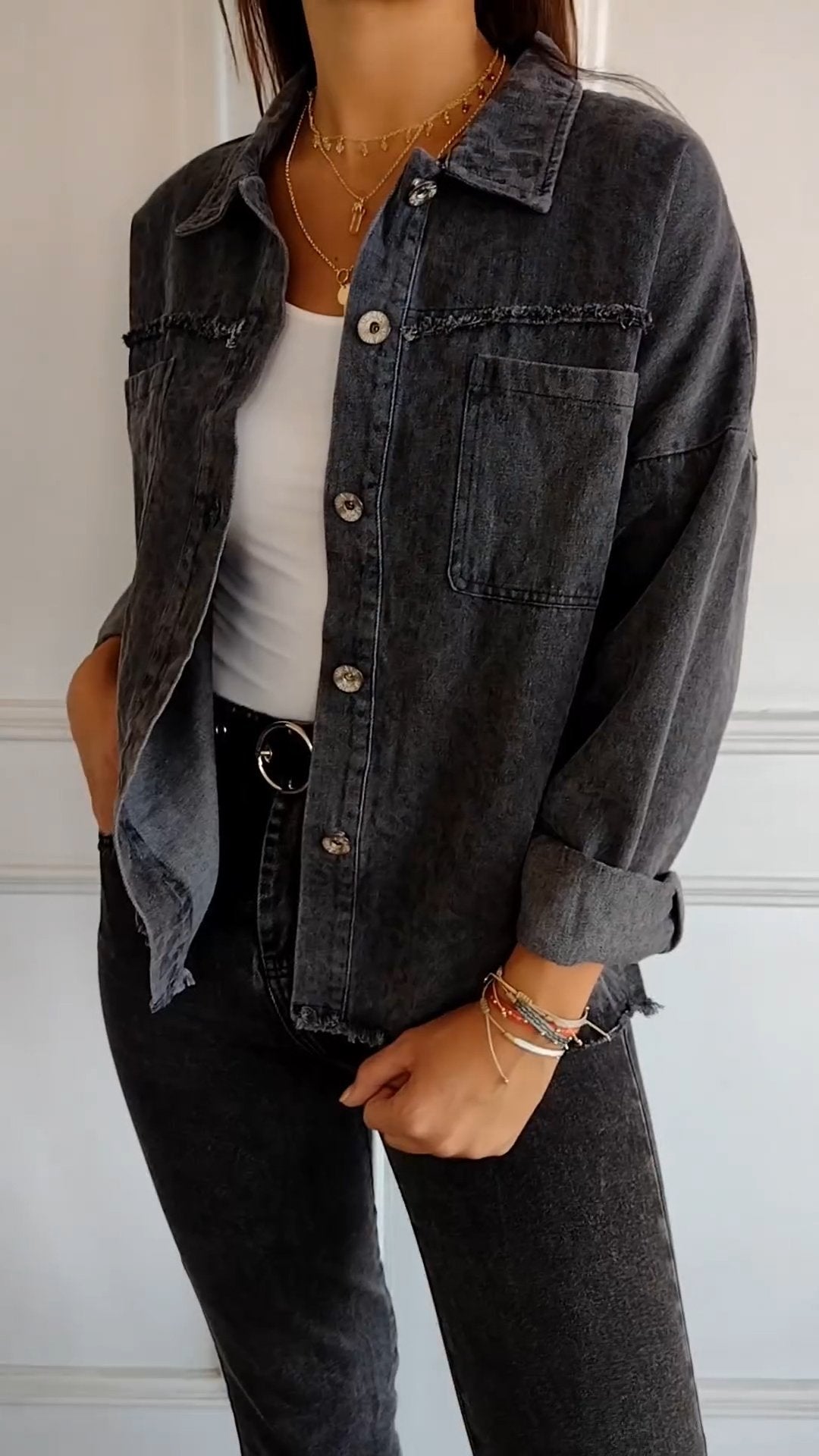 Denim Lapel Shirt with Fringe – Esther – view 5