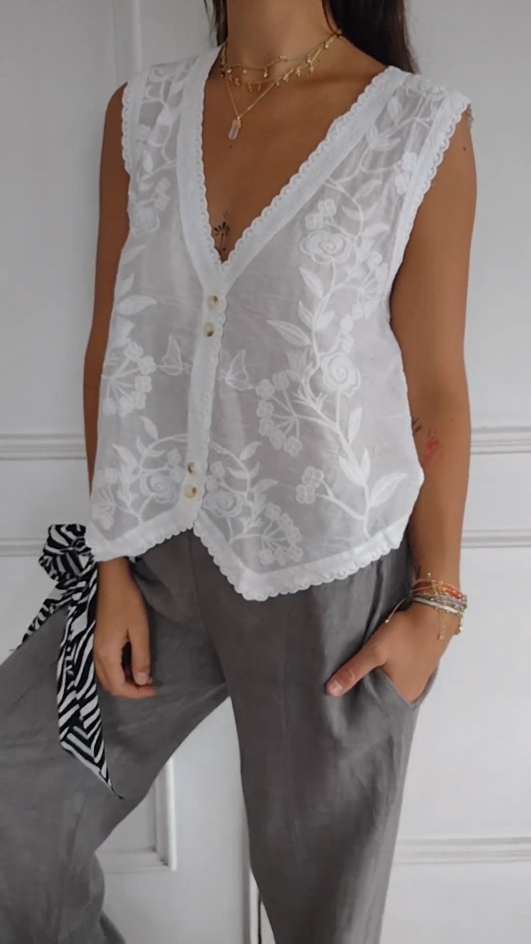 Embroidered Tulle V-Neck Tank with Buttons – Talitha – view 2