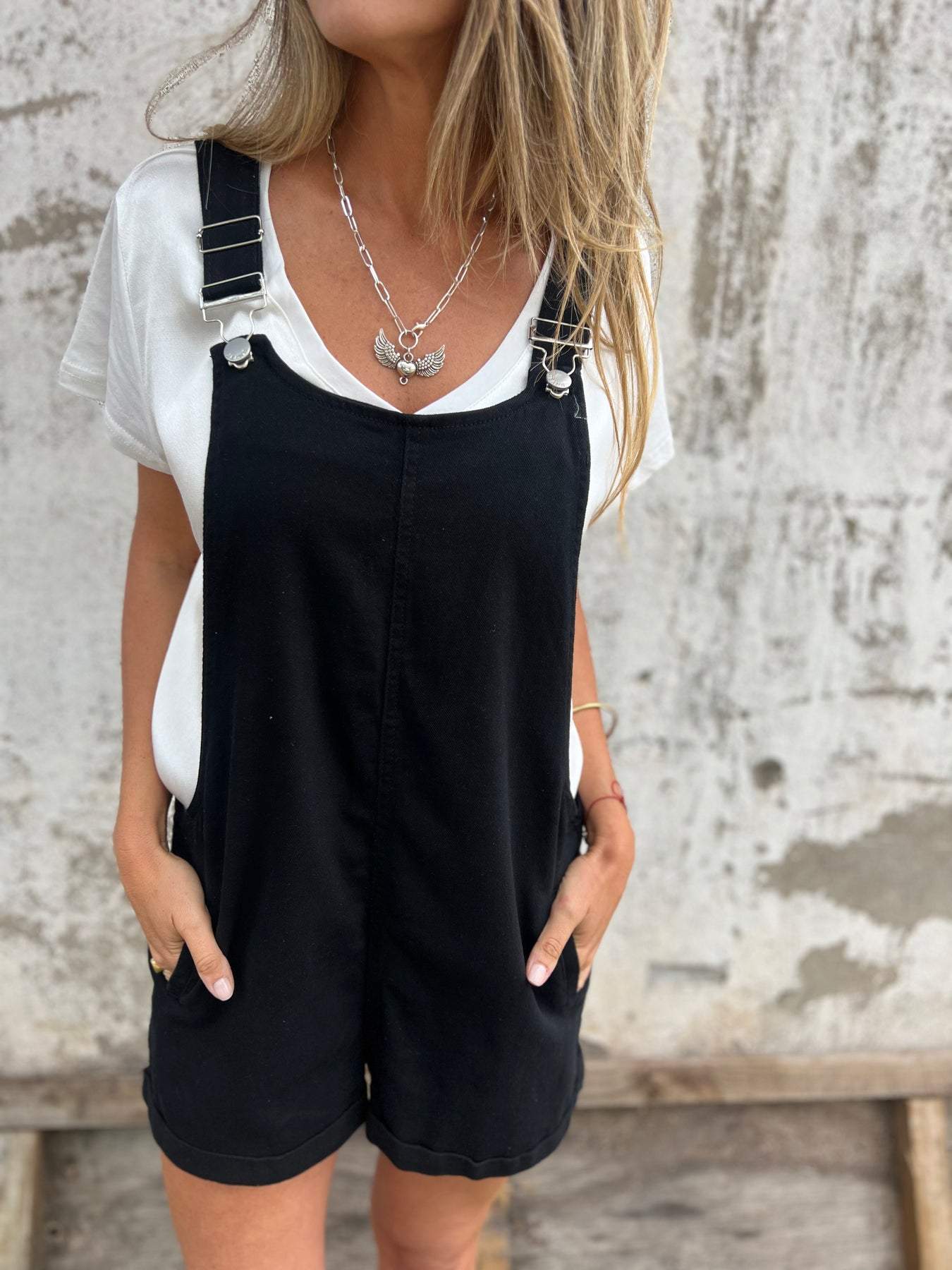 Women's Overall Shorts with Buckle Straps – Isabeau – Black