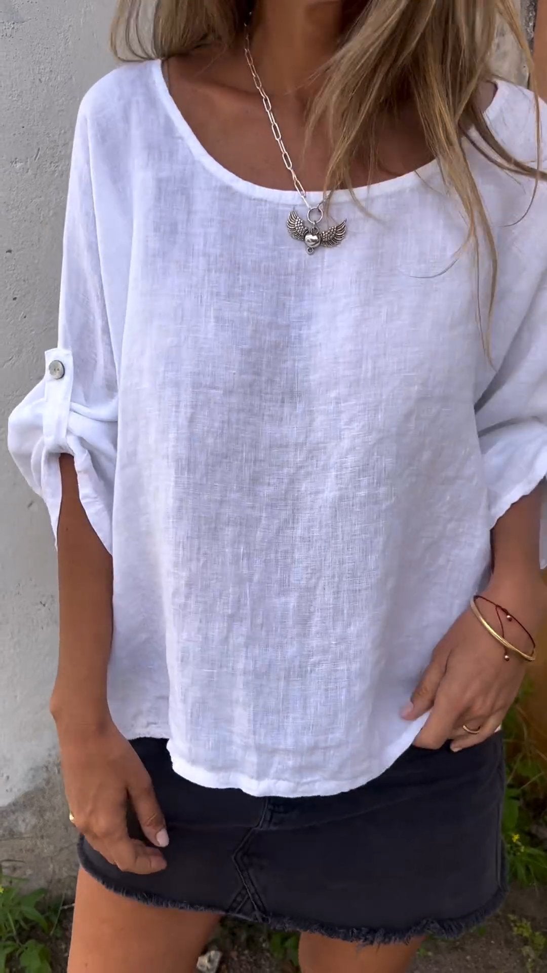 Cotton-Linen Crewneck Shirt with 3/4 Sleeves – Marnie – White