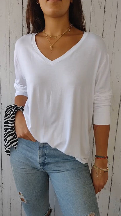 Comfort V-Neck Shirt with Elbow Sleeves – Yvette – White