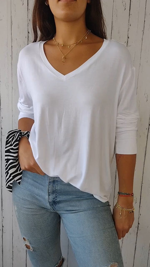 Comfort V-Neck Shirt with Elbow Sleeves – Yvette – White