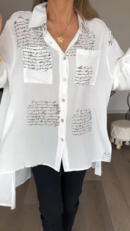 Letter-Print Lapel Shirt – Valeska – White