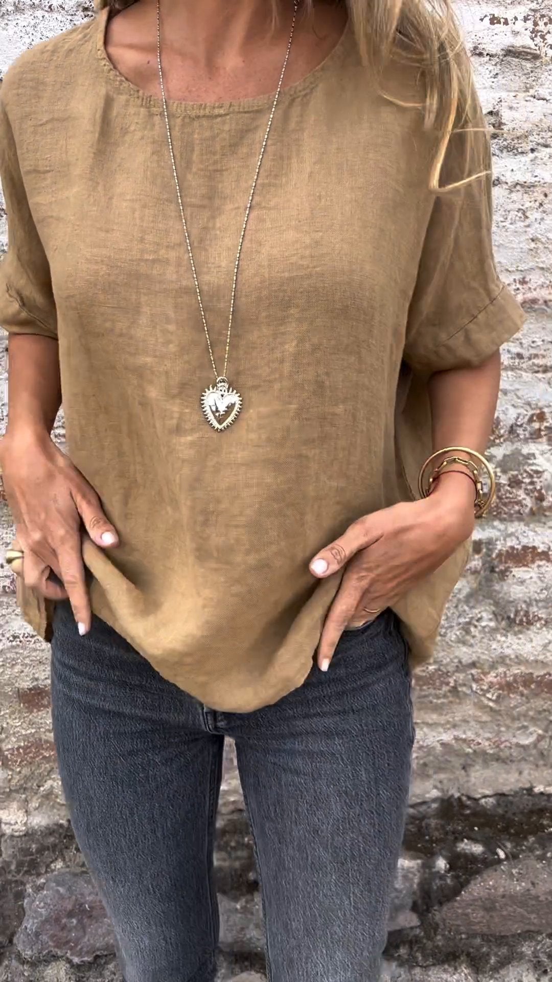 Solid Cotton-Linen Short-Sleeve Crewneck Blouse – Shiloh