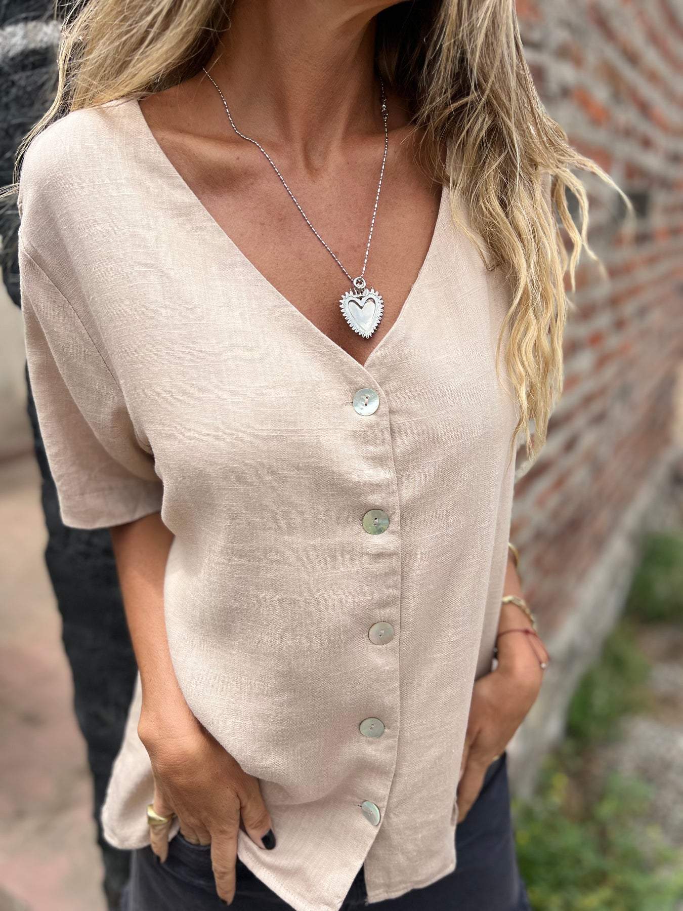Cotton-Linen V-Neck Button Shirt – Imogen – Khaki