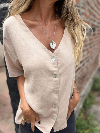 Cotton-Linen V-Neck Button Shirt – Imogen – Khaki