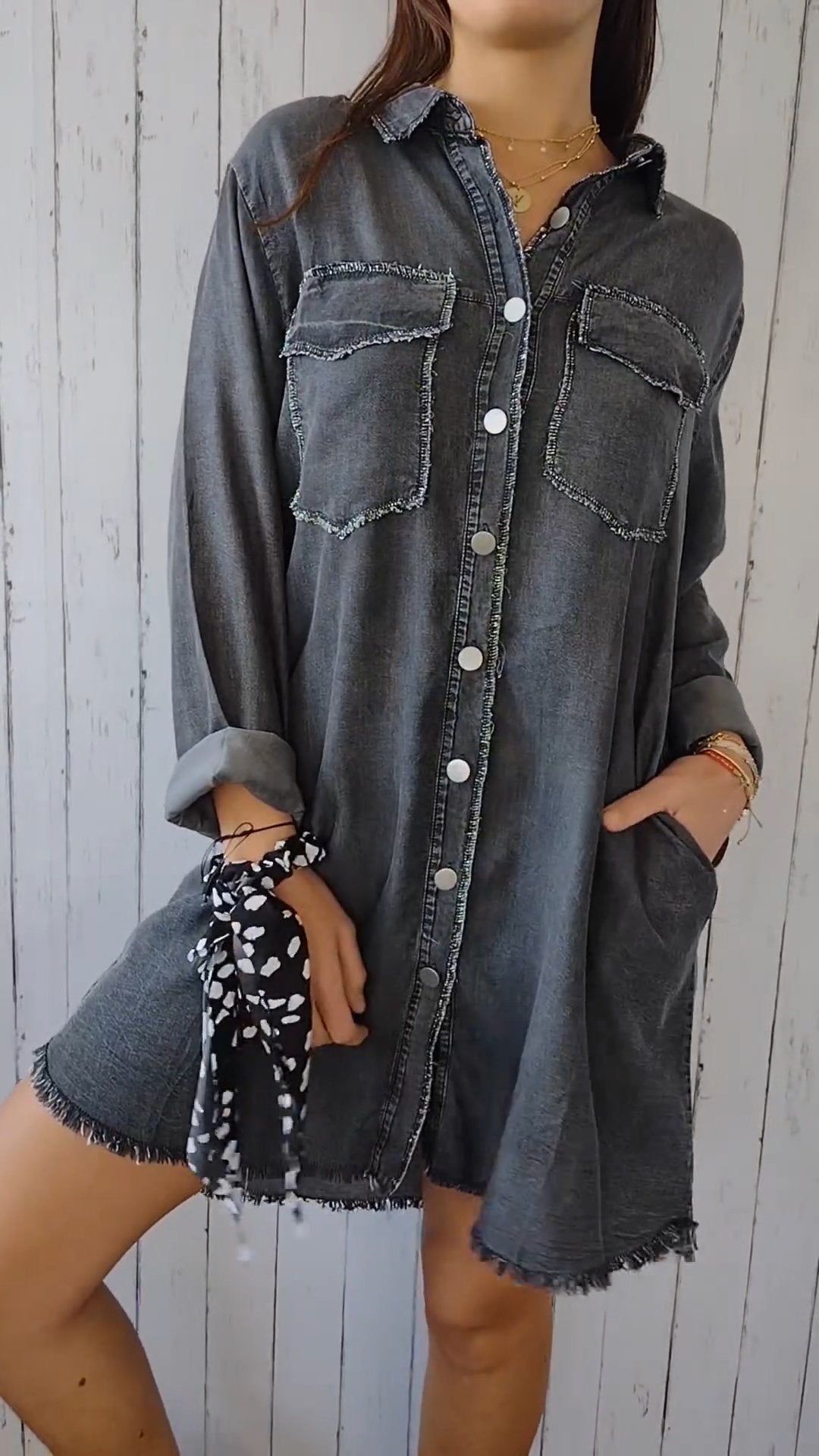 Comfort Long Faux-Denim Shirt – Macy – view 3