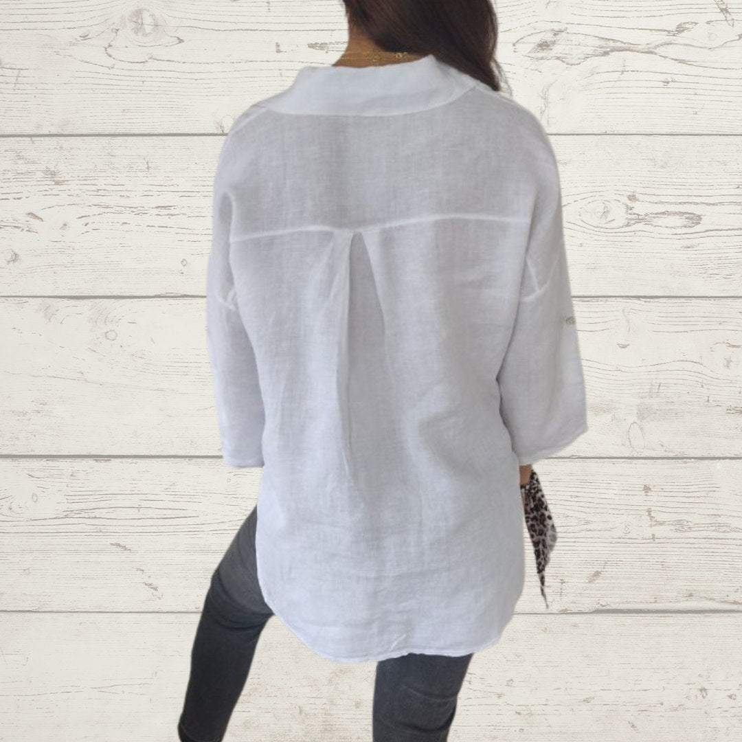 Women's Solid Cotton-Linen Button Shirt – Dove – view 5