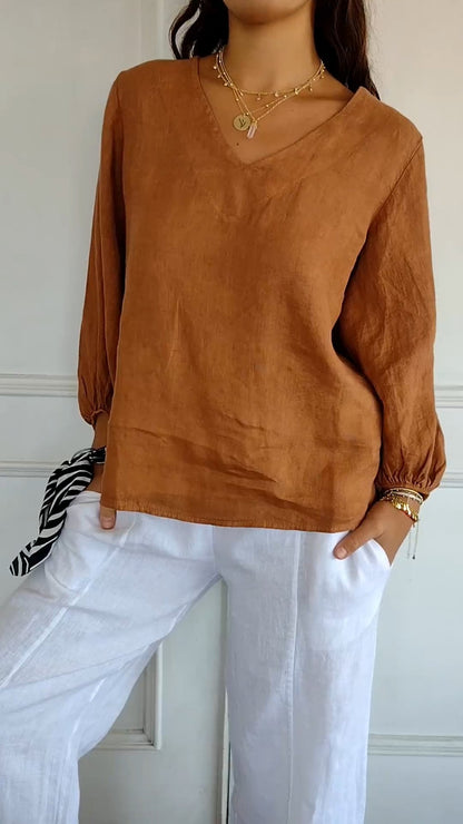 Cotton-Linen Shirt with Puff Sleeves – Halcyon – Brown