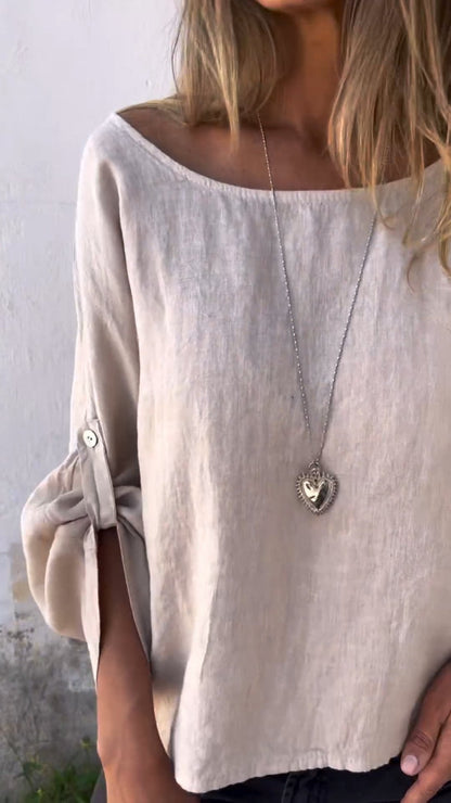 Cotton-Linen Crewneck Shirt with 3/4 Sleeves – Marnie – Apricot