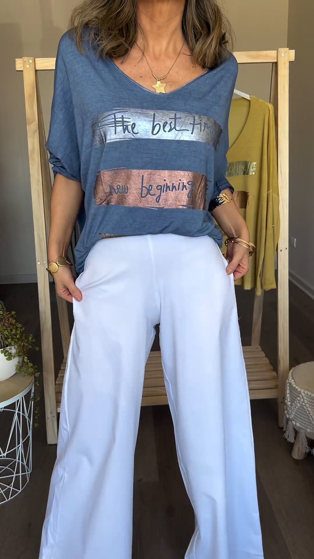 Printed Long V-Neck Tee – Belen