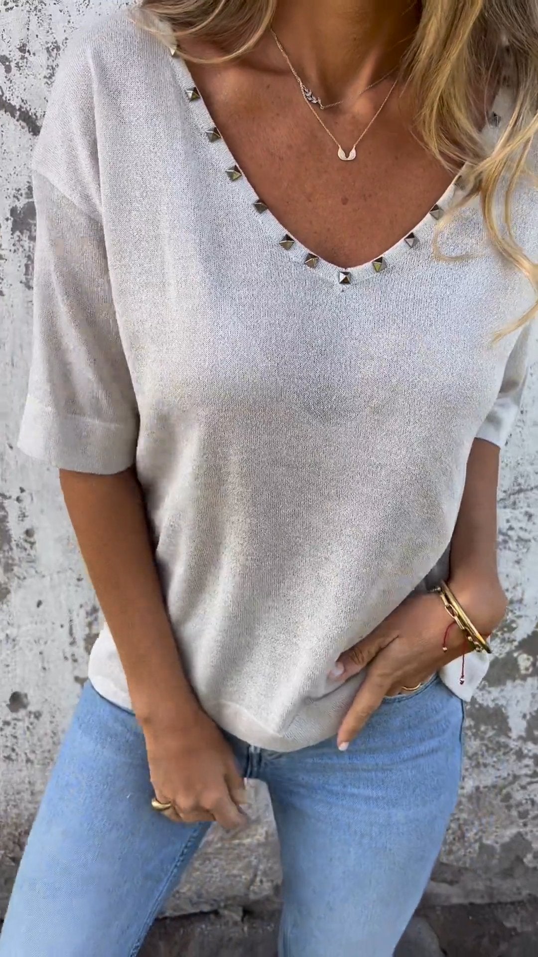 V-Neck Tee with Stud Detail – Theodora – Off White